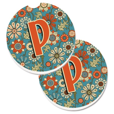 Carolines Treasures Letter P Flowers Retro Blue Cup Holder Car Coaster, PK2 CJ2012-PCARC